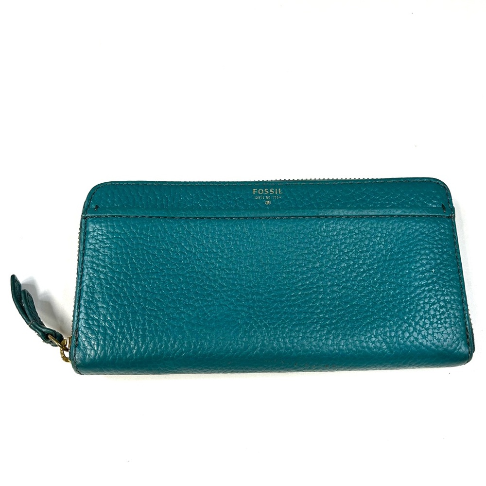 Fossil Women’s Zip Around Accordion Wallet Teal Blue Pebbled Leather #2102